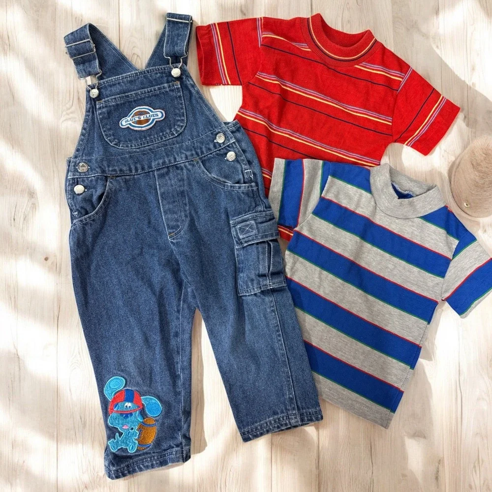 Vintage Blue's Clues Y2K Embroidered Denim Jean Overalls 2T‎ & Shirts 2000